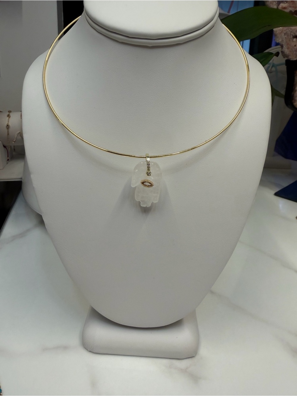 Gold Collar Necklace with White Hamsa Pendant